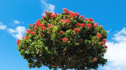 Vibrant Pohutukawa Tree Against a Blue Sky