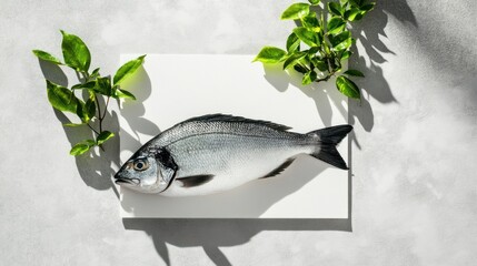 Fresh Dorado Fish on White Board with Greenery