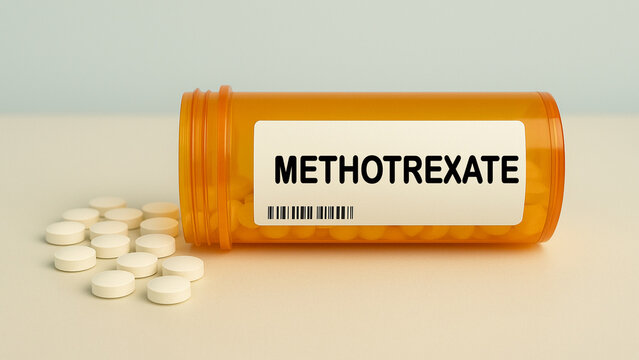 Box of METHOTREXATE tablets on a hospital pharmacy table used to treat cancer and autoimmune disease an antimetabolite.