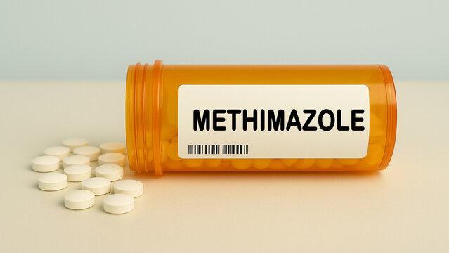 Box of METHIMAZOLE tablets on a hospital pharmacy table used to treat hyperthyroidism an antithyroid drug.
