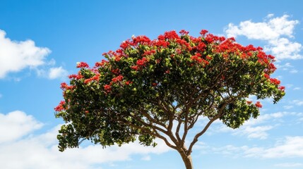Vibrant Red Tree Under a Summer Sky