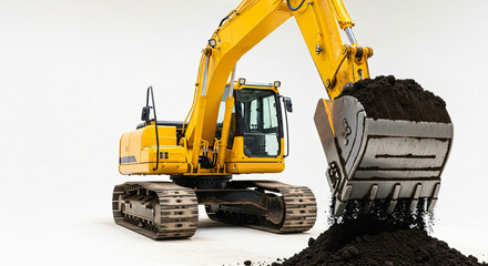 Fototapeta premium Powerful yellow excavator digs earth with heavy duty bucket, construction site ready