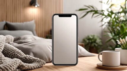 Modern Smartphone Mockup in Cozy Bedroom Setting