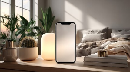 Modern Bedroom Ambiance: Smartphone Mockup on Wooden Table