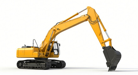 Powerful yellow excavator with articulated arm and bucket ready for construction site demolition or digging tasks