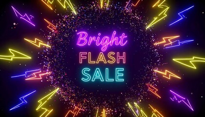 Neon lightning sale banner with colorful confetti