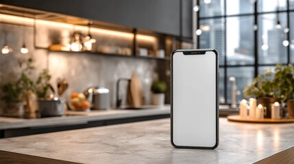 Modern Kitchen Smartphone Mockup: Blank Screen on Granite Countertop