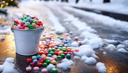 A White Bucket Filled With Small Colorful Candies On A Snowy Street Christmas Candies Created With Generative Ai