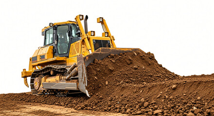 Obraz premium Powerful yellow bulldozer pushing large pile of earth during construction site preparation