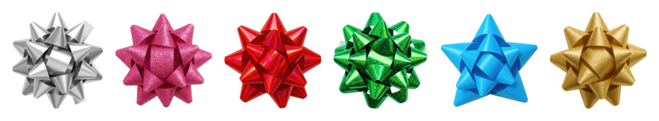Gift bow set including silver, pink glitter, red metallic, green glitter, blue matte, and gold glitter bows isolated. Holiday celebrations and festive decorations.