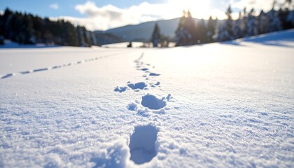 Footprints in pristine snow field, sunlit path