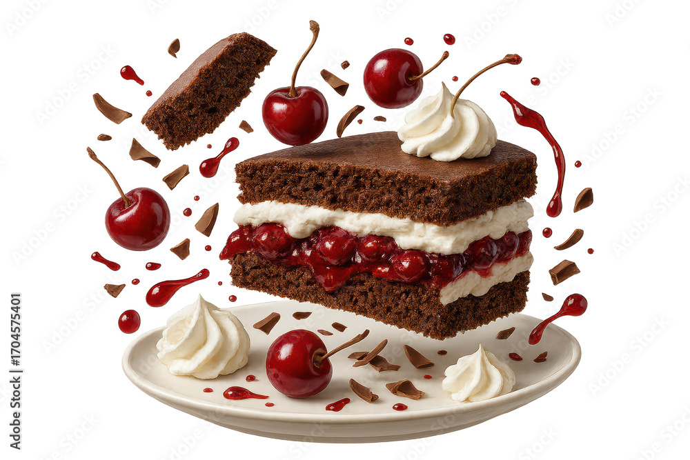 Poster Black Forest cake slice and elements, isolated on transparent background.