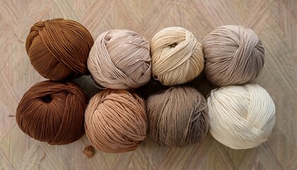 A Top Down Flat Lay Of Natural Wool Yarn Balls In Neutral Cream And Brown Tones Perfect For Knitting And Crochet Hobbies