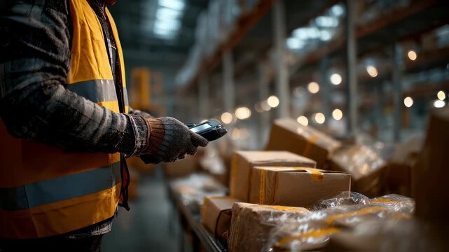 Medium shot of a warehouse worker scanning bulk freight packages with handheld device focusing on efficient tracking in blurred industrial background.