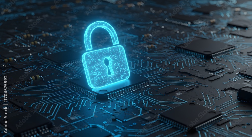 Aufkleber advanced cybersecurity concept showing a glowing blue padlock on a computer circuit board, symbolizi