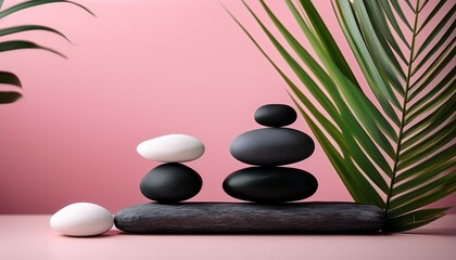 A Serene Minimalist Scene Featuring Stacked Black And White Stones Balanced Beside Green Palm Leaves Against A Soft Pink Background