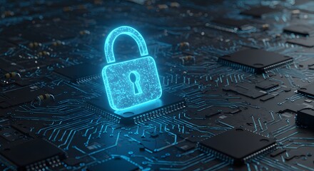 Advanced cybersecurity concept showing a glowing blue padlock on a computer circuit board, symbolizing data protection and digital network security