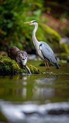 Fototapeta premium Grey heron and otter by a stream