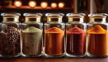 A Neat Arrangement Of Glass Jars Showcases A Variety Of Spices Each Filled With Distinct Colors And Textures The Jars Are Illuminated By Soft Light Enhancing Their Appeal