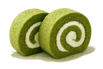 Delicious green matcha swiss roll slices isolated on transparent background