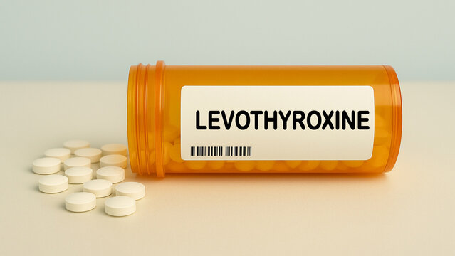Box of LEVOTHYROXINE tablets on a hospital pharmacy table used to treat hypothyroidism a thyroid hormone replacement.