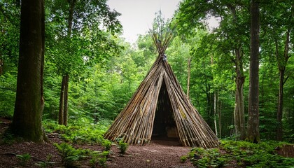 A Green Forest With A Teepee Style Shelter Made Of Sticks And Logs Surrounded By Tall Trees And Lush Foliage