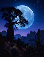 Silhouette of a baobab tree under a vibrant blue moon at night