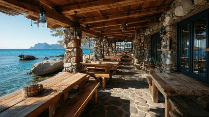 Outdoor seating area with wooden tables and stone structure overlooking the ocean.