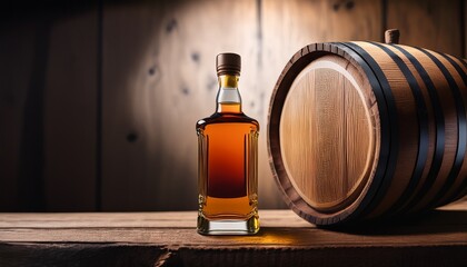 A Close Up Of A Whiskey Bottle With A Minimalistic Design Sitting Next To An Aged Oak Barrel Highlighting The Vintage Appeal