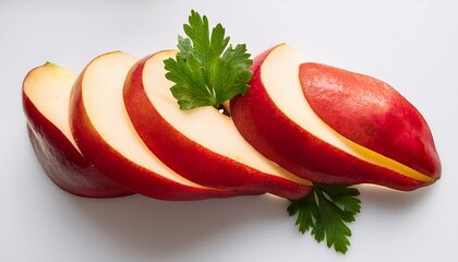 A Close Up Image Of Fresh Juicy Red Pear Slices Arranged With Green Parsley Leaves On A Plain White Background Creating A Simple And Appetizing Food Presentation