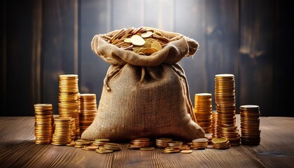 A Burlap Sack Filled With Coins Surrounded By Stacks Of Gold Coins On A Wooden Surface