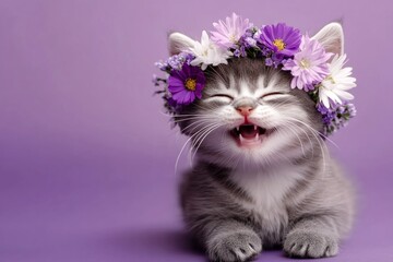 Cute baby cat british shorthair wearing feral flower circlet on its head - symbol of sunny holiday season. Isolated purple background, copy space, digital ads visual idea. Cat in flower crown.