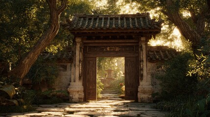 Obraz premium Ancient Asian Gateway Illuminated by Golden Sunbeams in a Serene Forest.