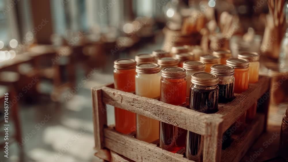 Poster shot of a wooden crate filled with various raw honey jars on a sunlit table with a soft focus on the