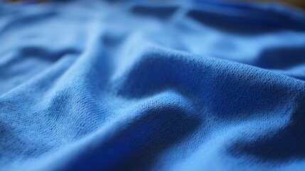 Close up blue sports clothing fabric with smooth football jersey texture, breathable athletic textile surface for soccer uniform, professional activewear material background concept