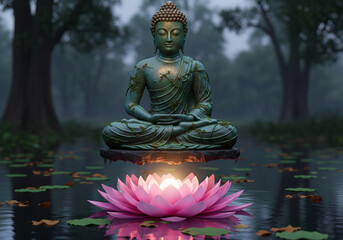 Fototapeta premium Serene Buddha Statue Floating Above Glowing Lotus Flower Peaceful Spiritual Meditation Zen Harmony