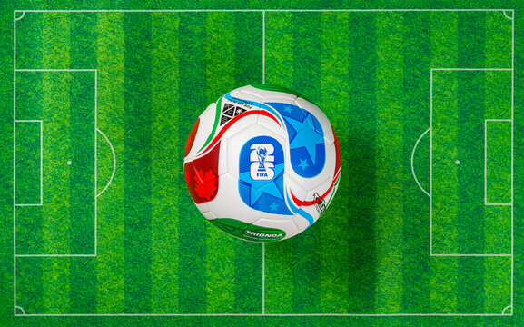 ZHONGSHAN China-September 15 2025: 2026 World Cup soccer on a soccer field carpet at horizontal composition.