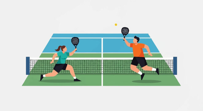 Dynamic vector illustration of a mixed doubles pickleball match with two players in action on an outdoor court