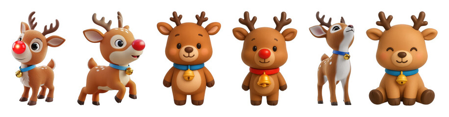 Fototapeta premium Cute 3D cartoon reindeer set including red-nosed, standing, looking up, and sitting characters isolated. Festive holiday and winter design elements.