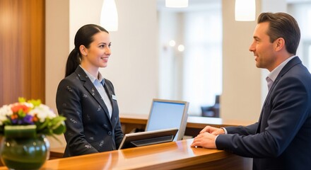 Fototapeta premium Hotel Receptionist Assisting a Business Traveler at the Front Desk.