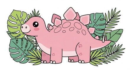 Pink Dinosaur in Tropical Leaves, Isolated on White Background