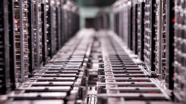 Focused medium angle on vertical storage racks tidy rows of tiny electronic parts remaining parts fading out to emphasize efficient space use.