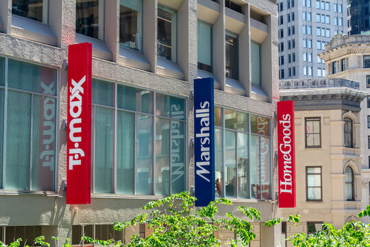 Three major retail brands share one urban shopping complex, on May 27, 2025, Boston, Massachusetts, USA