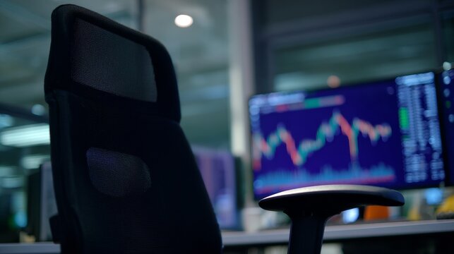 Modern office with interactive digital screen showing financial data, sleek chair, organized workspace, professional corporate environment, technology-driven business setup for productivity efficiency