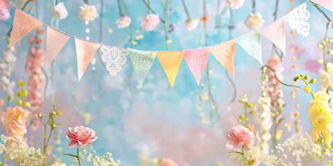 Whimsical pastel floral decorations with bunting for a festive celebration