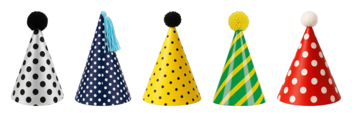 Party hat set including colorful polka dot and striped designs with pom-poms and tassel toppers isolated. Festive celebration and birthday collection.