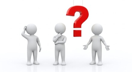 3D Figures Contemplating a Question Mark, Isolated on White Background