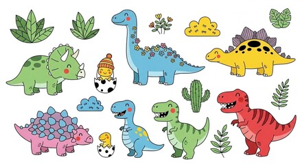 Cute Cartoon Dinosaurs Collection Isolated on White Background