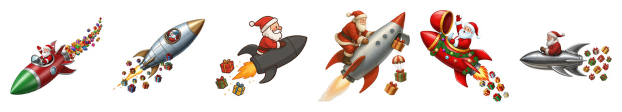 Santa Claus in rocket set including various flight styles and gift delivery isolated. Festive Christmas and holiday celebration.