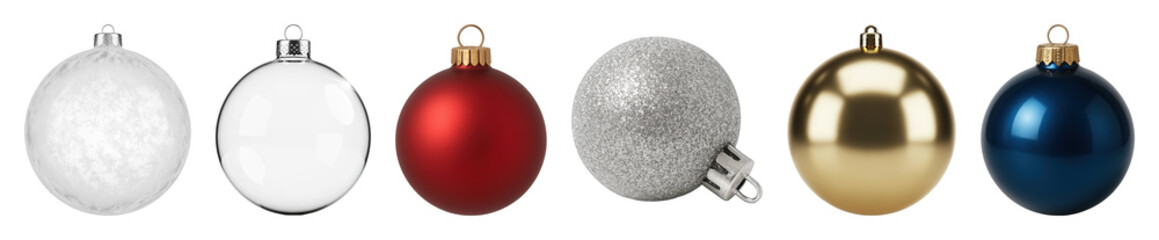 Christmas ornaments set including white, red, silver, gold, and blue in various finishes isolated. Festive holiday season decorations.
